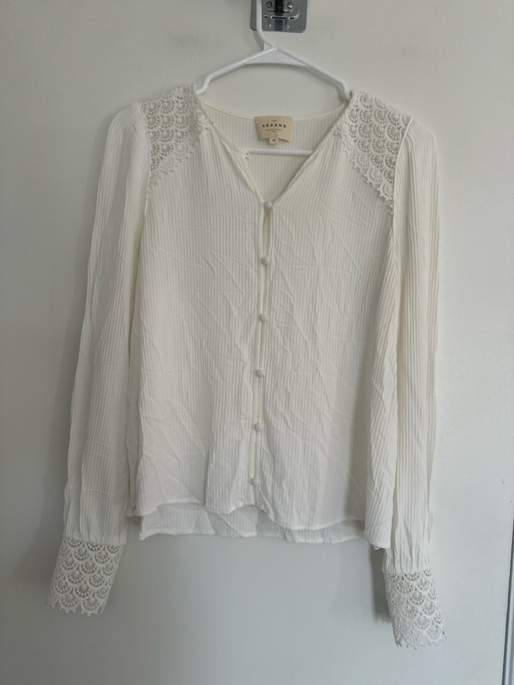 EUC Sézane Clém Sz38 White Long Sleeve Ecru ShirtLace Details Textured Business